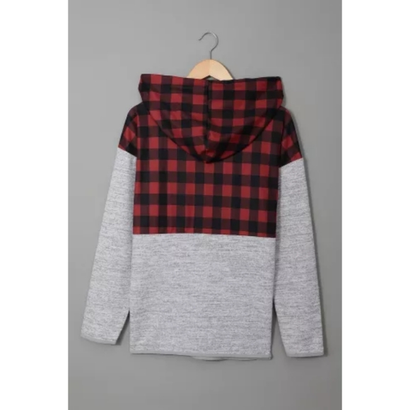 ❤LAST ONE Red Plaid Spliced Pocketed Gray Hoodie - Picture 4 of 5